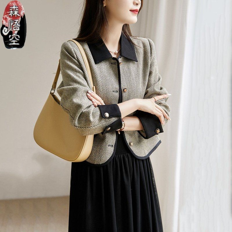 超安值韓国ファッションジャケット気質クラッシュカラーラペルツイードジャケットロングカーディガン人気ボアアウター秋アウター秋ジャケットショット丈トレンチコート気品アウターレ