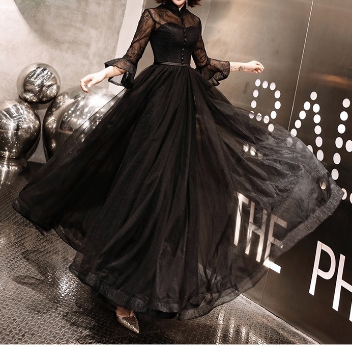 レディース ワンピース ドレス ロング 長袖 フリル袖 襟付き Aライン 背中開き シフォン フリル ウエストマーク 透け感 シースルー かわいい 大人可愛い きれいめ 上品 おしゃれ こなれ感