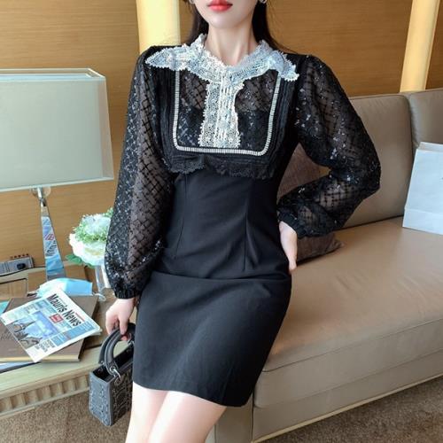 【即納】ワンピース ミニワンピ ミニドレス レース スパンコール 韓国 無地 花柄 ラウンドネック 春 秋 長袖 ショート丈 タイト ボリューム袖 シアー袖 透け感 バイカラー キラキラ レトロ お嬢