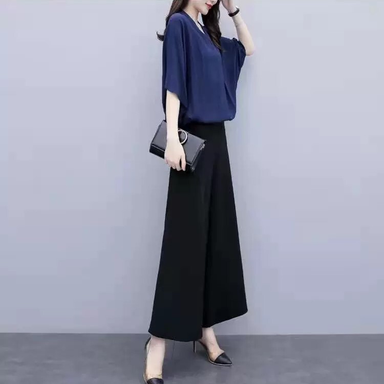 上下セット トップス パンツ セットアップ カットソー ワイドパンツ ロング丈 5分袖 フレアスリーブ Vネック フレア ワイド Aライン シフォン 薄手 2点セット 大人可愛い きれいめ シンプル