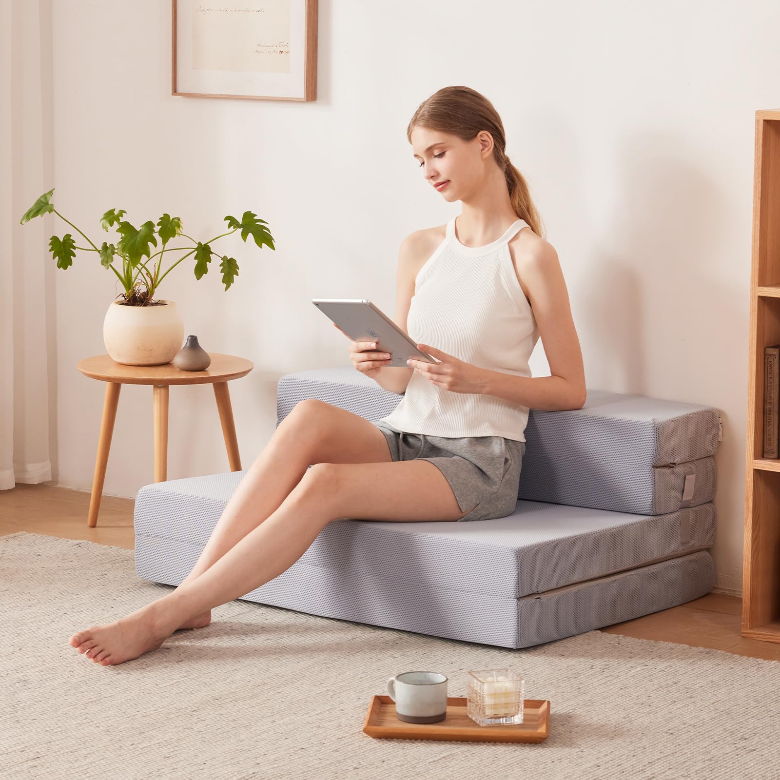 四つ折りマットレスセミダブル 10CM厚さソファーベッド 高反応タイプ 敷布団 マットレス 折り畳み 車中泊マット 体圧分散 ごろ寝マット グレー