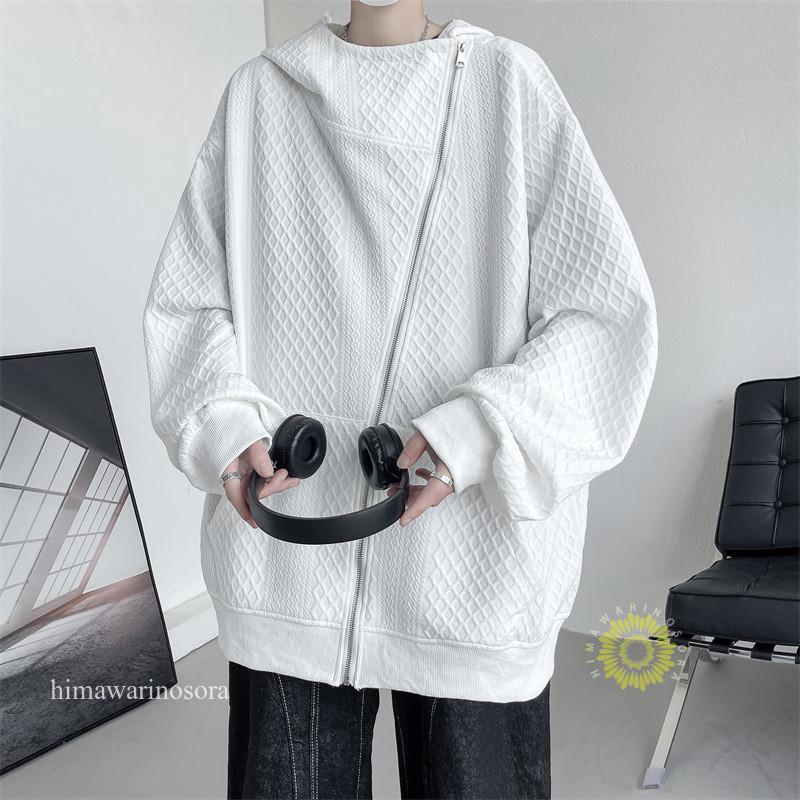 ジップアップパーカー メンズ 長袖 オーバーサイズ パーカー ジップパーカー 斜めのジッパー エンボス加工 白 黒 ストリート カジュアル