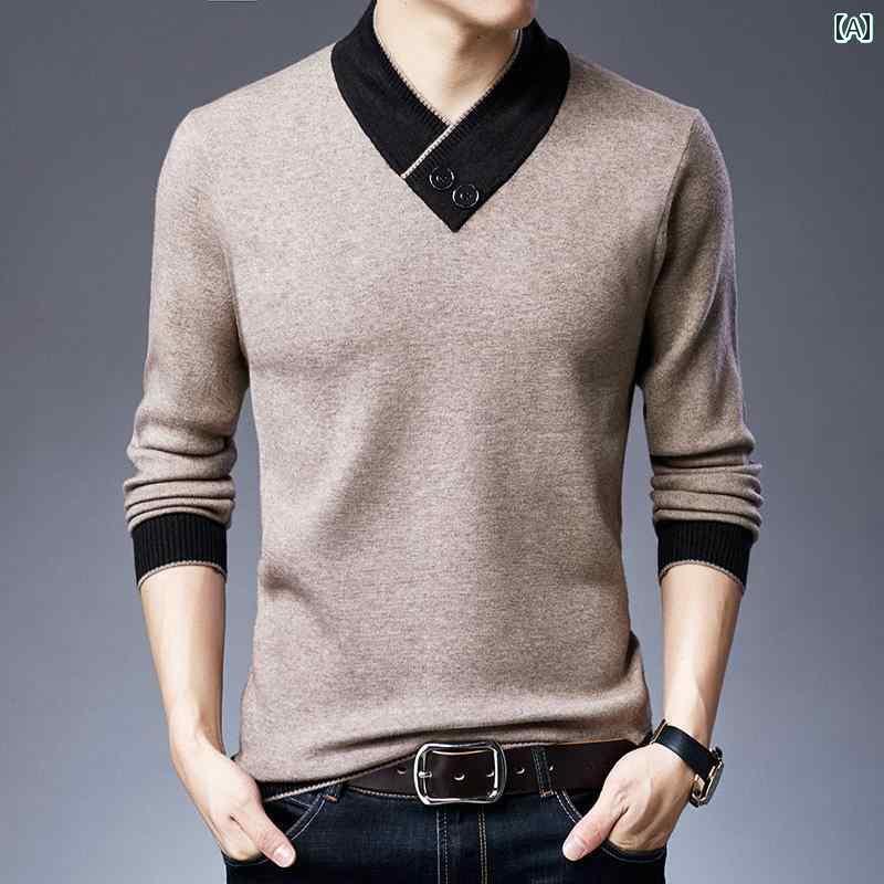 秋冬 厚手 長袖 セーター メンズ Vネックプルオーバー 無地 シンプル メンズシャツ