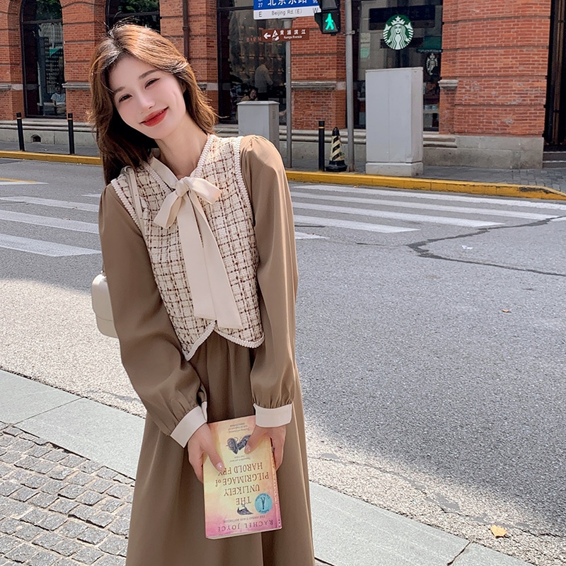 春の新作ロングスカート小香風タンクトップ2枚セットリボンペンダントワンピース