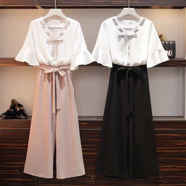 【2025新作入荷】レディース セットアップ 2点セット ツーピース ブラウス シャツ トップス パンツ ワイドパンツ 大きいサイズ Vネック スーツ リボン ボ