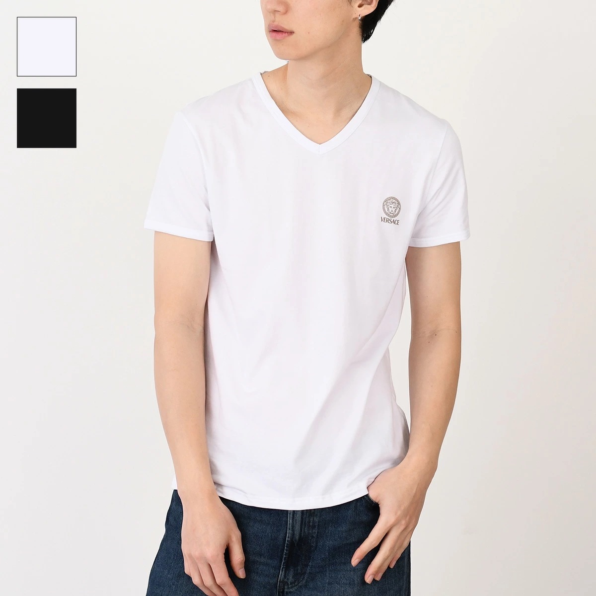Tシャツ Vネック コットン AUU01004 1A10011 ベルサーチ アンダーシャツ シンプル ロゴT ホワイト ブラック メンズ ギフト