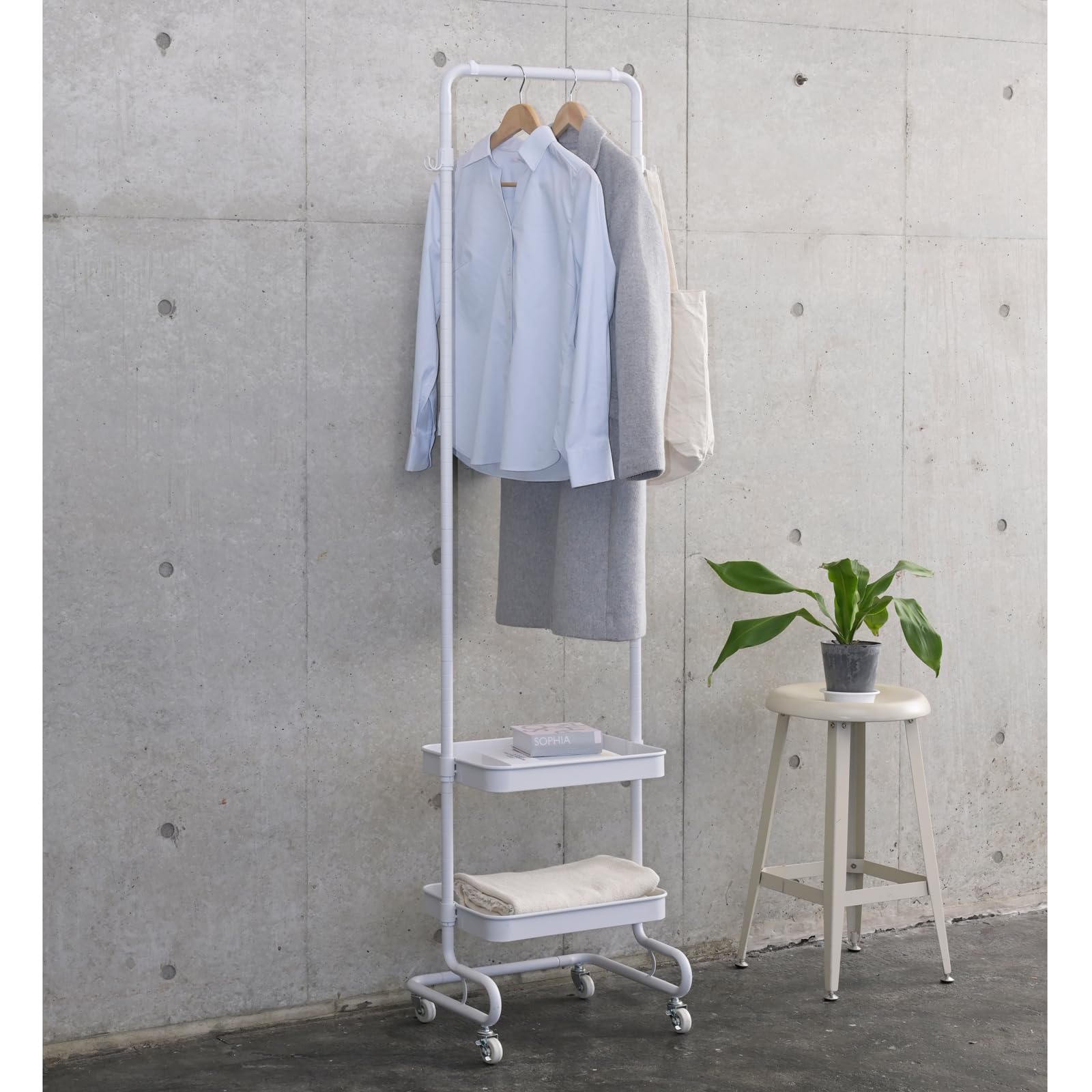 山善(YAMAZEN) ワゴン ハンガーラック トローリーハンガー スリム キャスター付き (高さ4段階調節/バスケット2つ付き/全体耐荷重27kg) 幅51×奥行38.5×高さ113.5/139/1