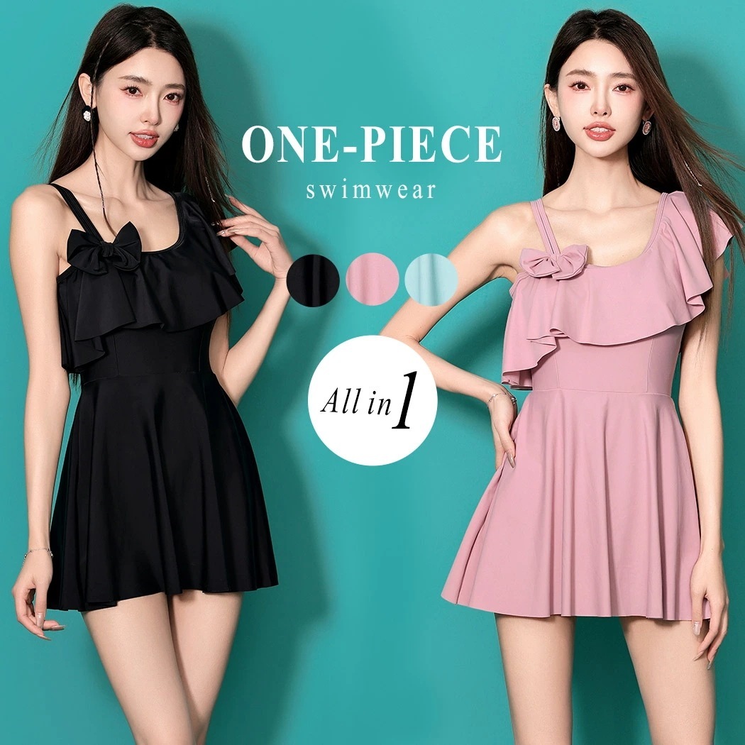 ワンピース水着 体型カバー水着 レディース アシンメトリー 20代 30代 40代 ママ水着 ワンショルダー リボン ショルダーフレア 肩紐調節 アジャスター ウエスト切り替え ワイヤー入り ウエス