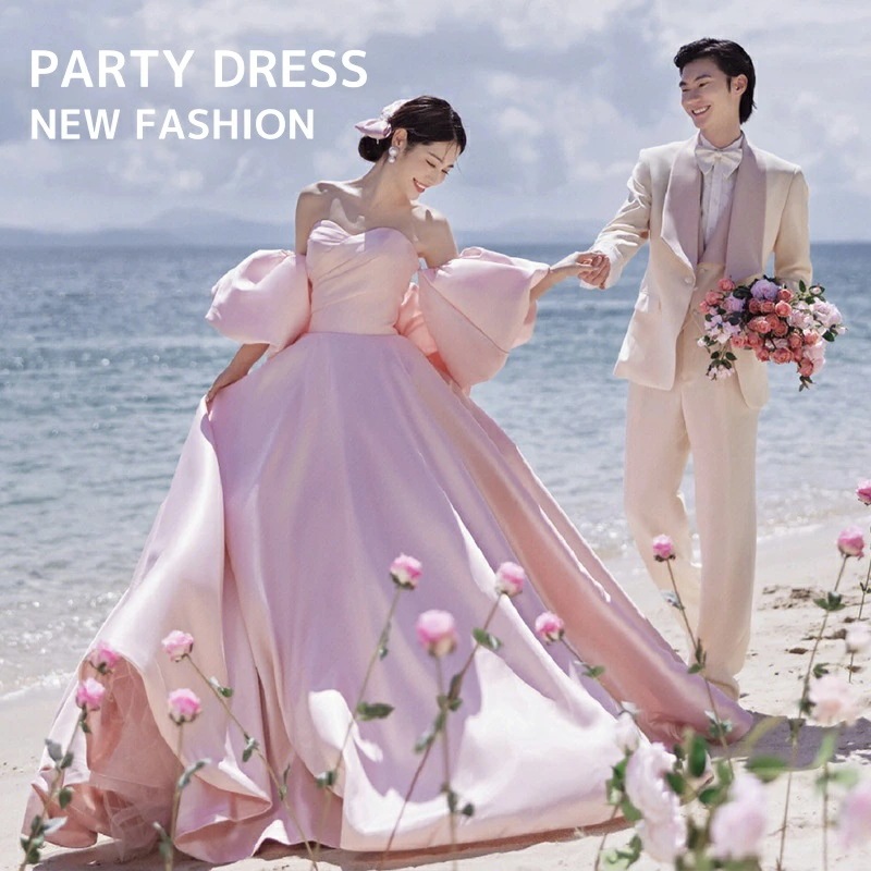 新品掲載！スウィート レディースドレス 結婚式 ウェディングドレス 花嫁ドレス 撮影 前撮り ピンク プリンセス風 可愛い 礼服 イブニングドレス トレーン オフショルダー 着痩せ 宴会 披露宴 誕生