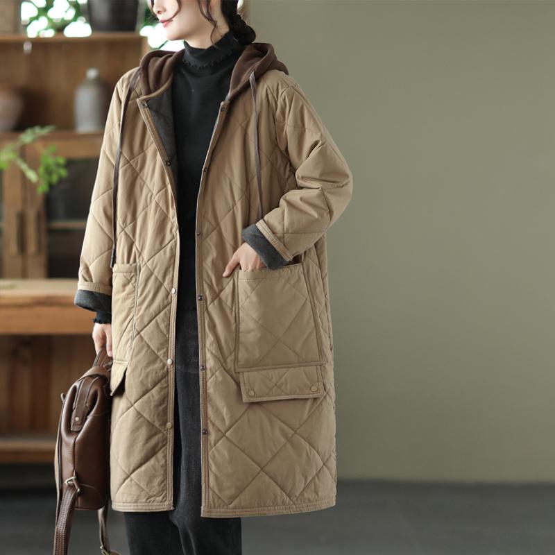 秋服 レディース ファッション オシャレ カワイイ シンプル 大人カワイイ 大きいサイズ 単品 冬 フード付き キルティング 厚手 ミドル丈 コート ライト コットンコート