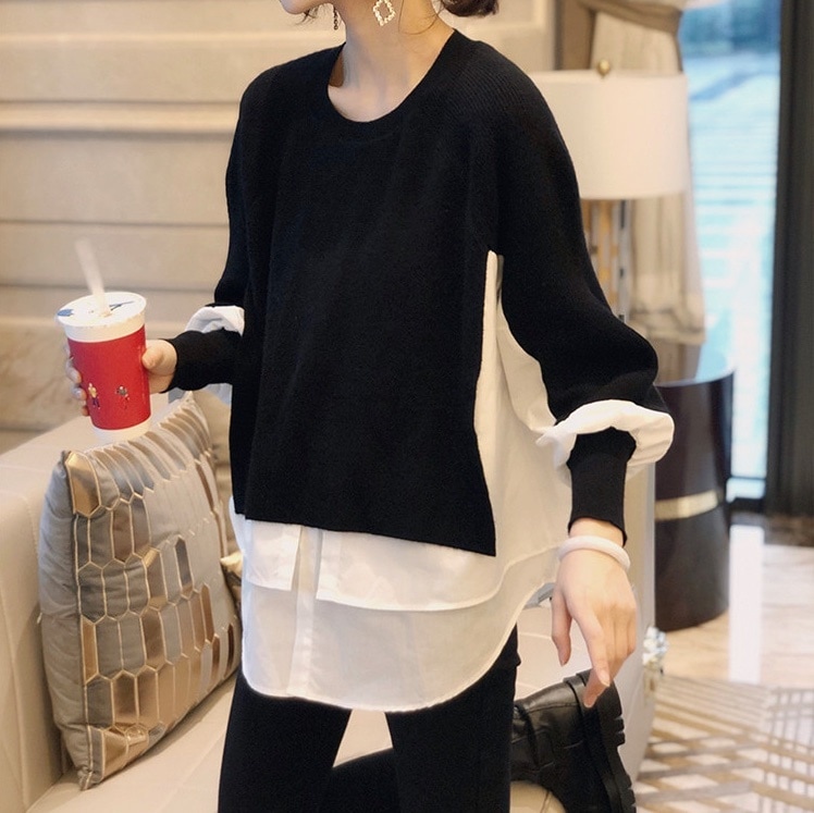 トップス カットソー ニットソー 袖あり 長袖 Uネック ラウンドネック 襟なし 切り替えデザイン ドッキング 異素材MIX かわいい 大人可愛い おしゃれ お洒落 かっこいい 大人可愛い 大人女子