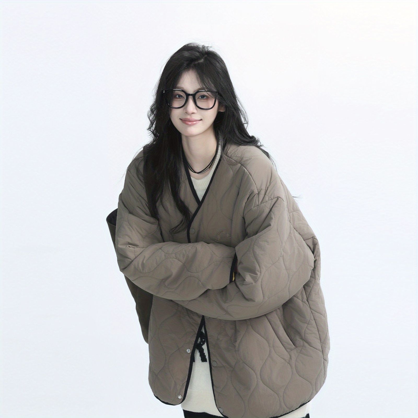 冬菱格綿保温綿服コート女性デザイン感小衆ゆるい襟なし綿服