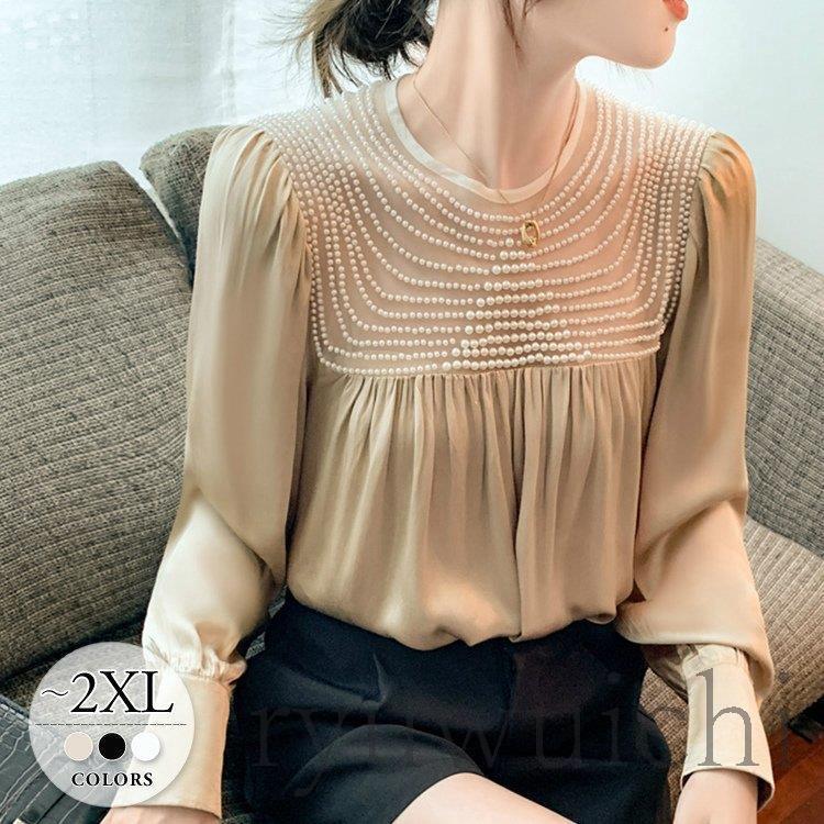 ブラウス トップス パール とろみシャツ パーティー お呼ばれ きれいめ エレガント 大人スタイル 気品 華やか ホワイト ブラック 可愛い