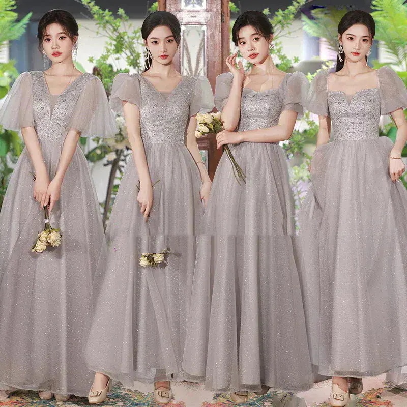 パーティードレス ドレス お揃いドレス フォーマルドレス 結婚式ワンピース 母親 Vネック 体型カバー 同窓会 【縁喜】花嫁ロングドレスブライズメイド グレー 29
