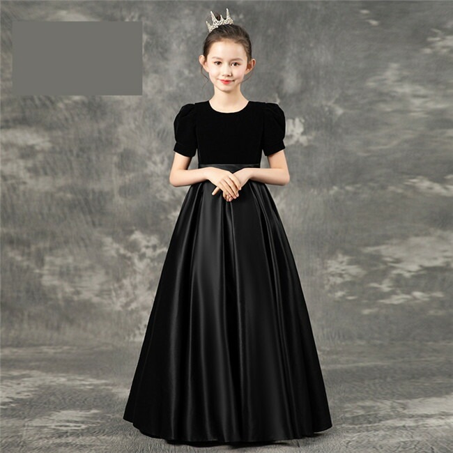 160CM 即納　ブラック ドレス 半袖 子供ドレス　キッズドレス　ピアノ　フォーマル　ワンピース　キッズ服 子供服　ロングドレス　ロング丈 女の子 ワンピース 子ども　発表会　七五三　演出舞台　結