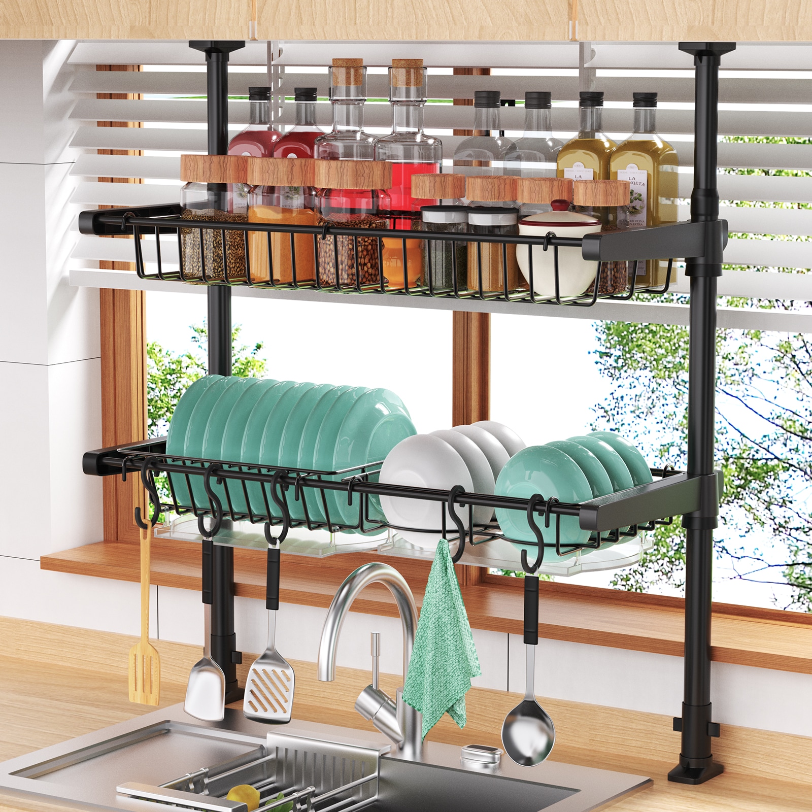 水切りラック 突っ張り バスケット式 高さ68-110cm調節可能 耐荷重20kg 大容量 シンク上 おしゃれ 3段 水切りかご バスケット 炭素鋼製 省スペース 組み立て簡単 穴開