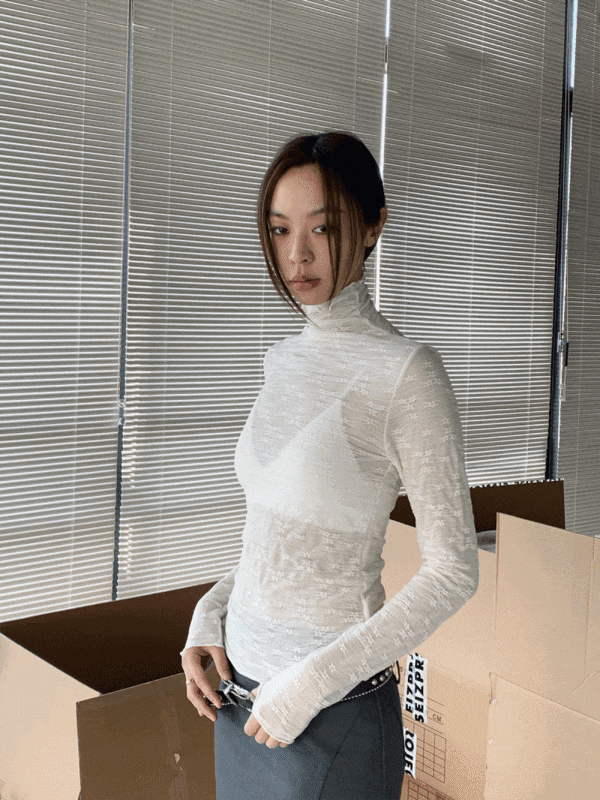 플라워 시스루 폴라넥 스판 긴팔 티