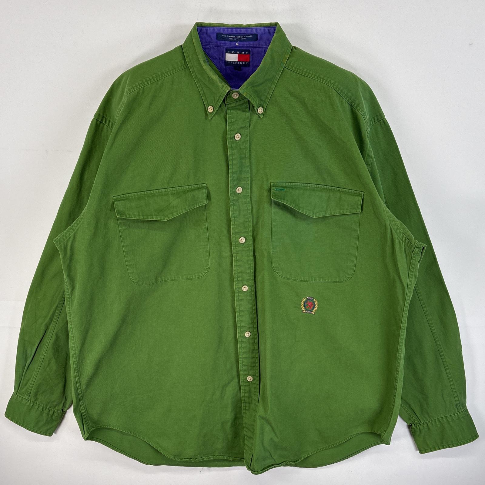 古着 90s/90年代 長袖シャツ ワンポイント ロゴ 刺繍 厚手 フラップポケ L グリーン系 無地 メンズ