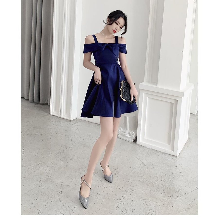 結婚式ワンピース オフショルダー パーティードレス ミモレ丈ドレス ウエディングドレス 20代 30