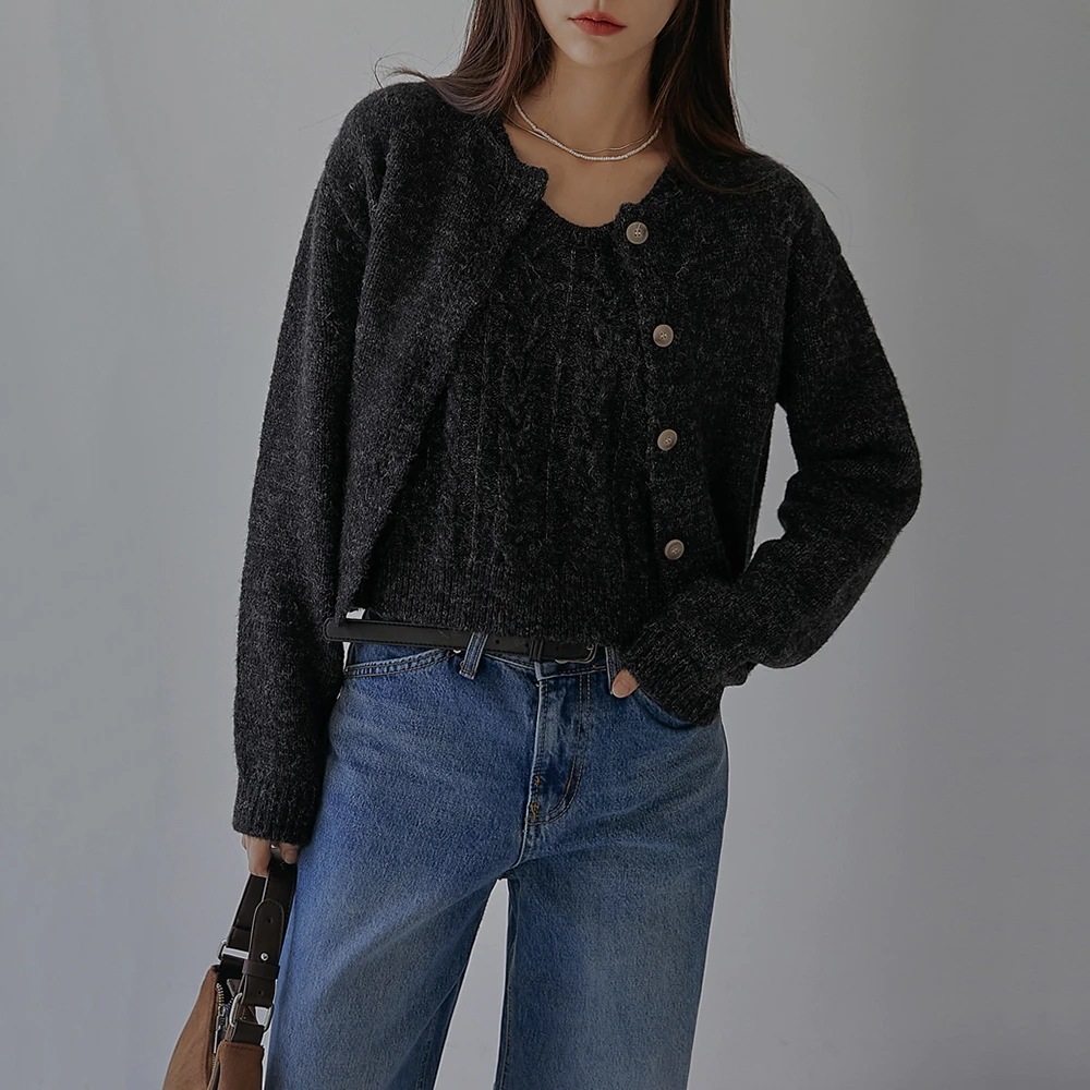 ケーブルニットトップス&カーディガンSET