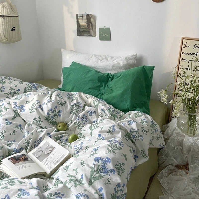 布団カバーセット プリント花柄 白 グリーン 可愛い 韓国風 綿100% 寝具カバーセット 3点セット 4点セット 花柄 ブルー コットン100% 掛け布団カバー 敷きカバー シングル セミダブル ダ