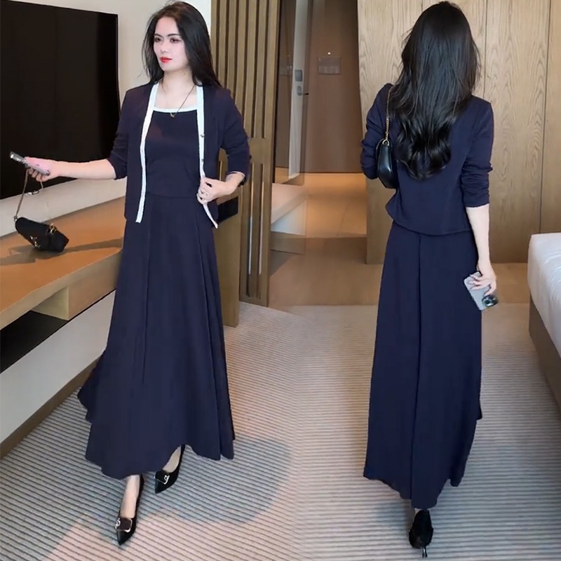 ワンピースセット女性秋の洋気が痩せているカーディガンのストラップ半身スカートカジュアル3点セット