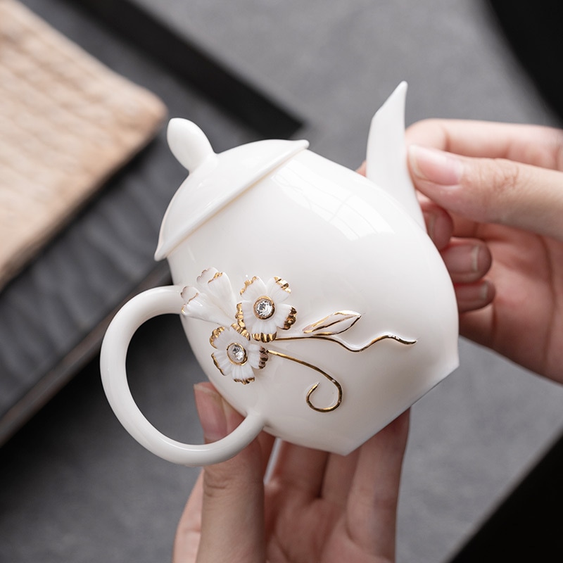 白翡翠磁器ティーポットティーカップセット家庭用シングル大型ピンチフラワー高級ティーセットセラミックティーポット