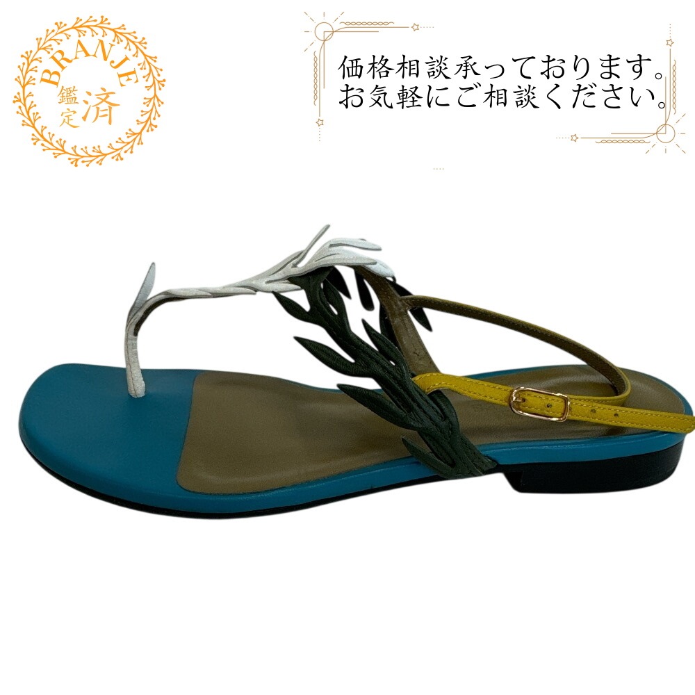 リーフモチーフ レザー サンダル ブルー
