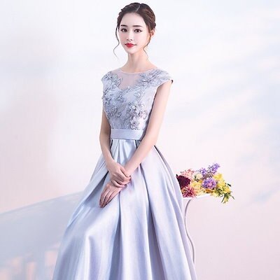 ロングドレス演奏会袖あり結婚式ドレスパーティードレス刺繍花柄ピアノ発表会お呼ばれ二次会披露宴成人式上品大人エレガントlf3208