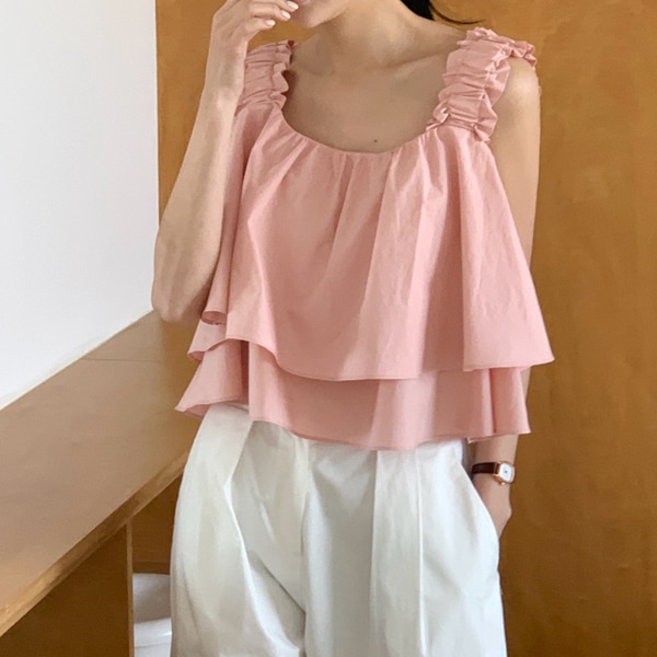 韓国ファッション カンカンシャーリング袖なしフリルコットンブラウス