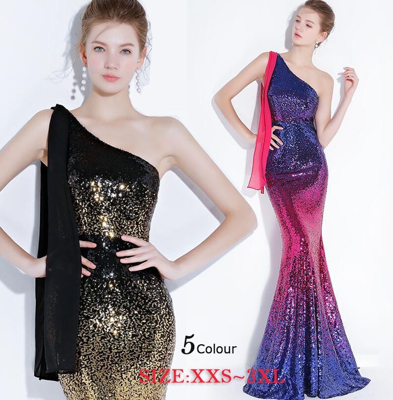 期間限定30%割引 パーティードレス ロング丈 マーメイドライン グラデーション スパンコール ドレス マキシ丈 ワンショルダー 肩にロングリボン セレブ エレガント 二次会 パーティー 宴会 お呼ば
