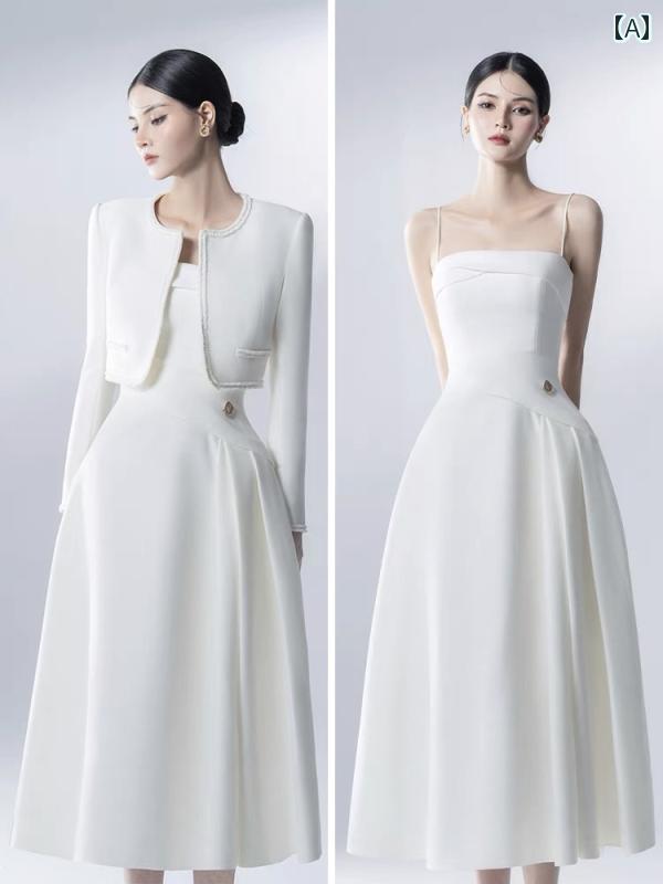 ドレス　パーティー　レディース タイの ファッション ベトナムの な エレガントの スタイル 無地の シンプル ショート ジャケット サスペンダー ドレス スーツ