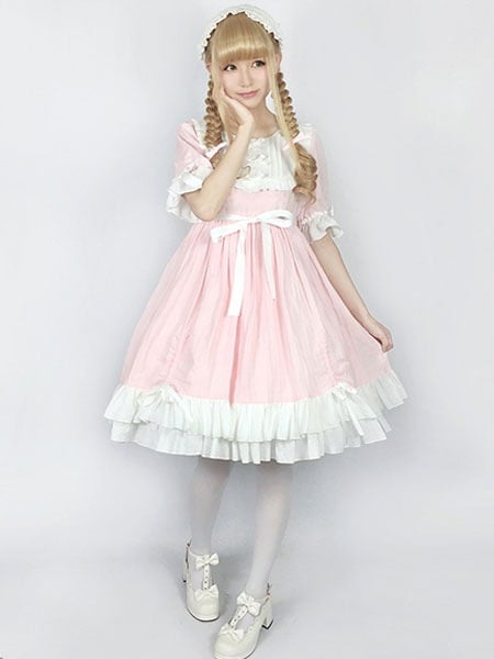 【秦】【2点購入で150OFF】【新品開催 】ワンピース　ロリィタファッション　袖あり　ピンク　ロココ調　ラウンドネック　半袖　コットン　お茶会　2カラーブロック