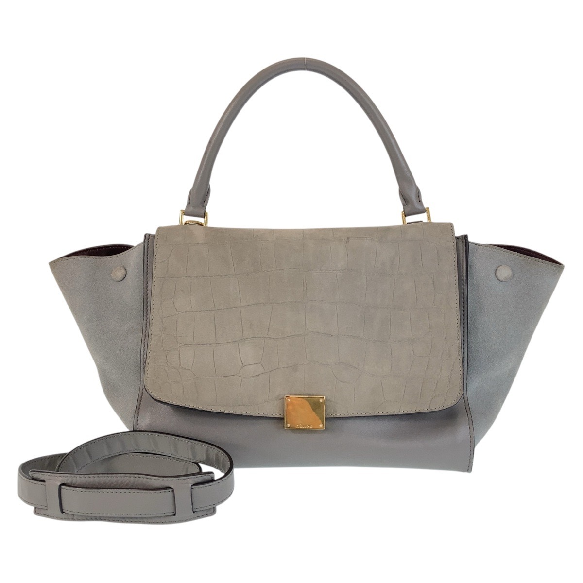 美品 型押し トラペーズ ミディアム グレー ゴールド金具 レザー/スウェード ハンドバッグ ショルダーバッグ 2way レディース 501086