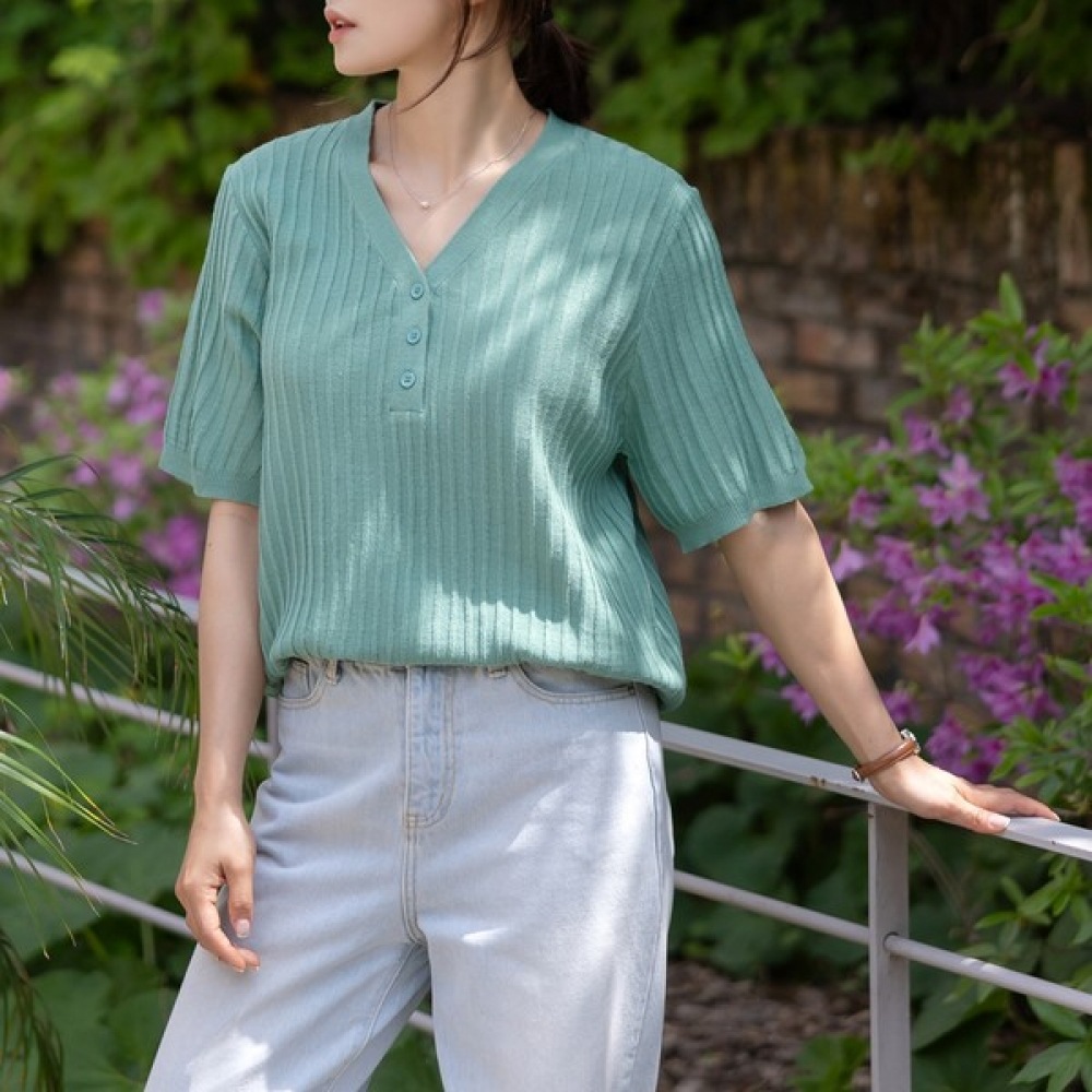 (ELYSIA) YボタンリブショートスリーブTシャツ