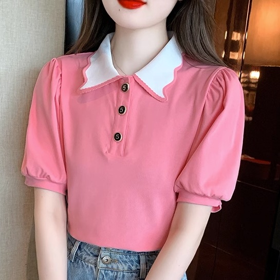 レディース トップス カットソー プルオーバー 半袖 パフスリーブ 襟付き ハーフボタン かわいい 大人可愛い きれいめ シンプル カジュアル 上品 おしゃれ かっこいい レトロ こなれ感