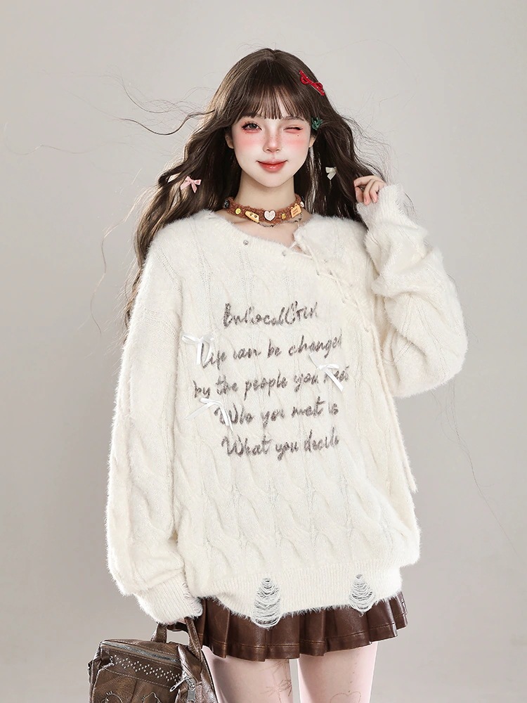 サイズフェミニンゆったり 2025 上品 レディース加工プルゆったり春 秋冬 韓国ニットトップスプリントストリートコルシルエットVネックファッション色っぽ女っぽカジュアル大人っぽ 長袖