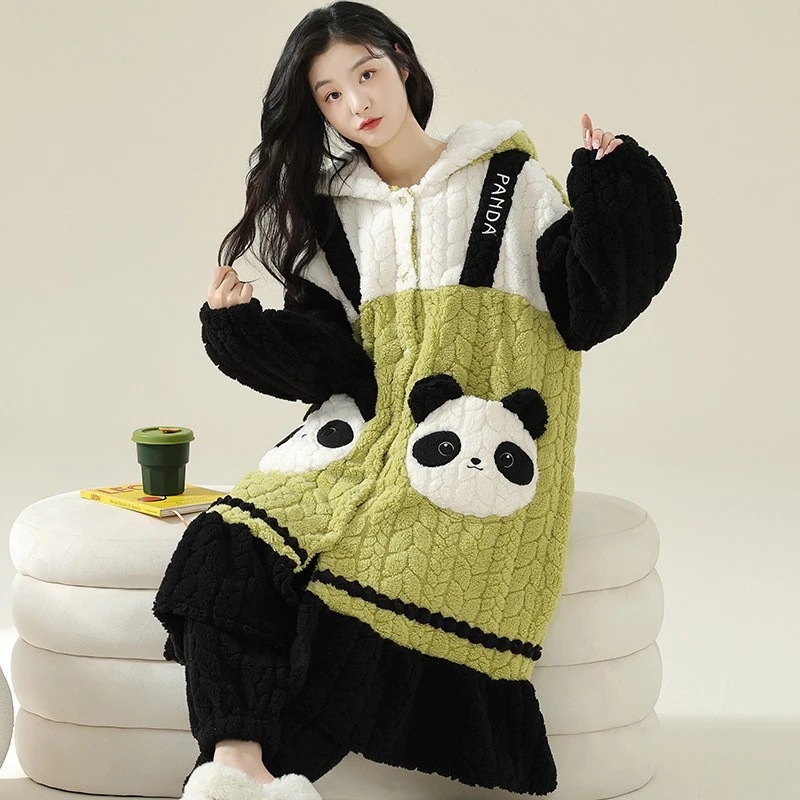 着ぐるみパジャマ 女性の秋と冬の新しいパジャマ長袖パッド入りズボンの漫画のローブツーピース冬