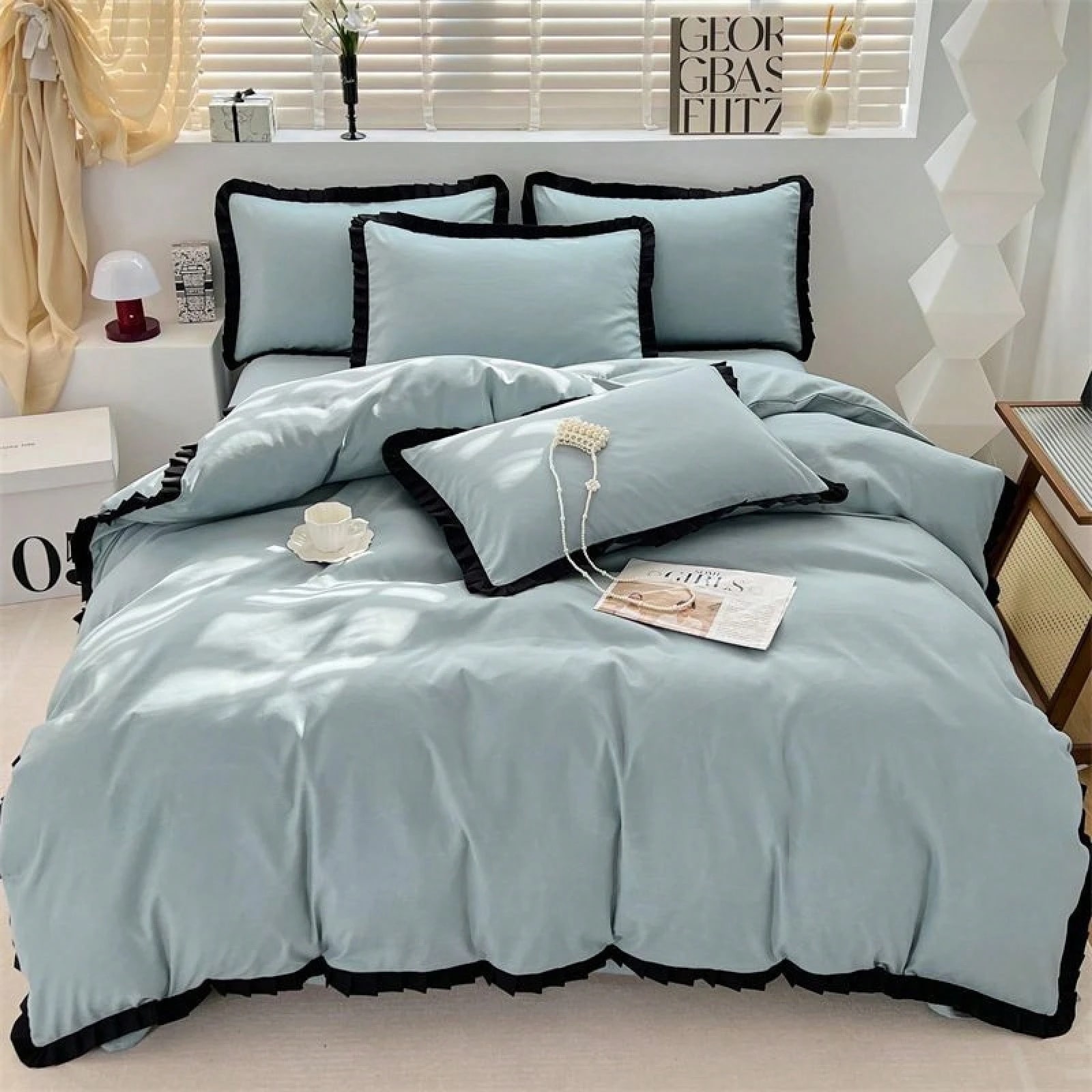 4点セット ベッドシーツとボックスシーツのウォッシュレース 無地 掛け布団カバー 寝具 3点セット オールシーズン万能