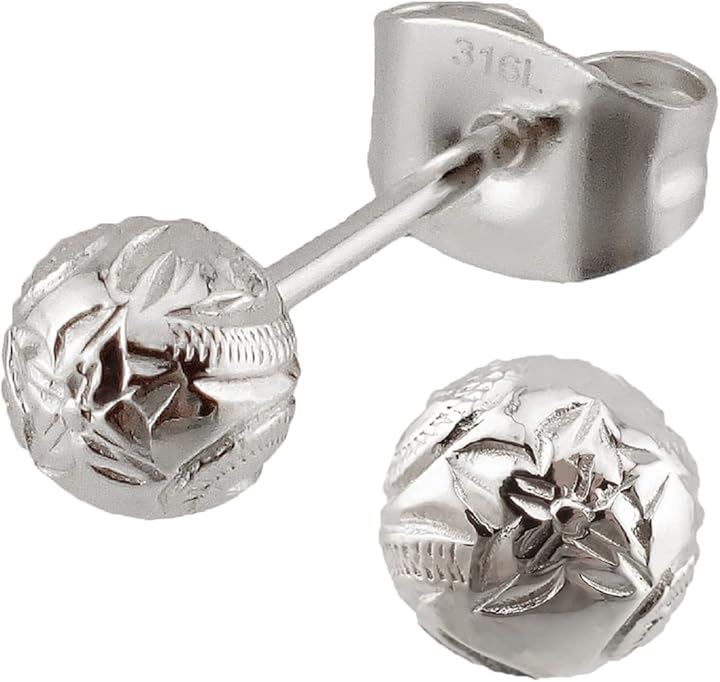 サージカルステンレス製 ハワイアンジュエリー ボール プルメリア スクロール 金属アレルギー対応 ピアス(シルバー)