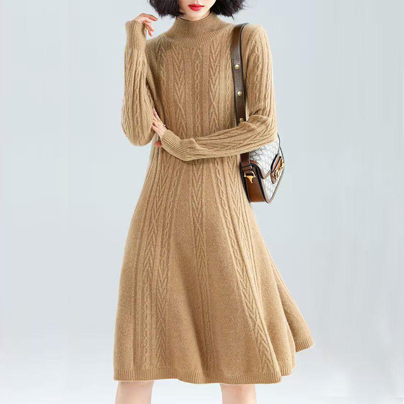 ニットワンピースセーターレディースハイネックケーブル編みトップスロングセーターゆったり着痩せ可愛い体型カバー暖かい通勤