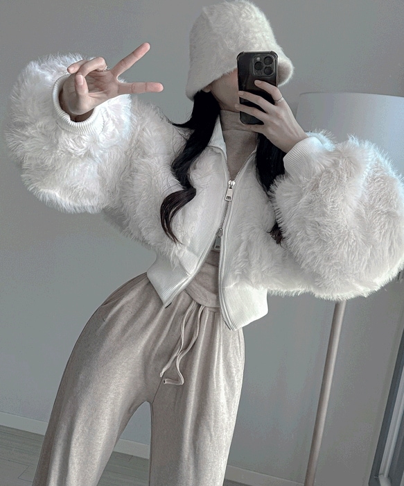 [後悔絶対ない高クオリティーフィット] ミンク ハイネック フェイク ファー ニット ジップアップ ジャンパー ジャケット(2colors)