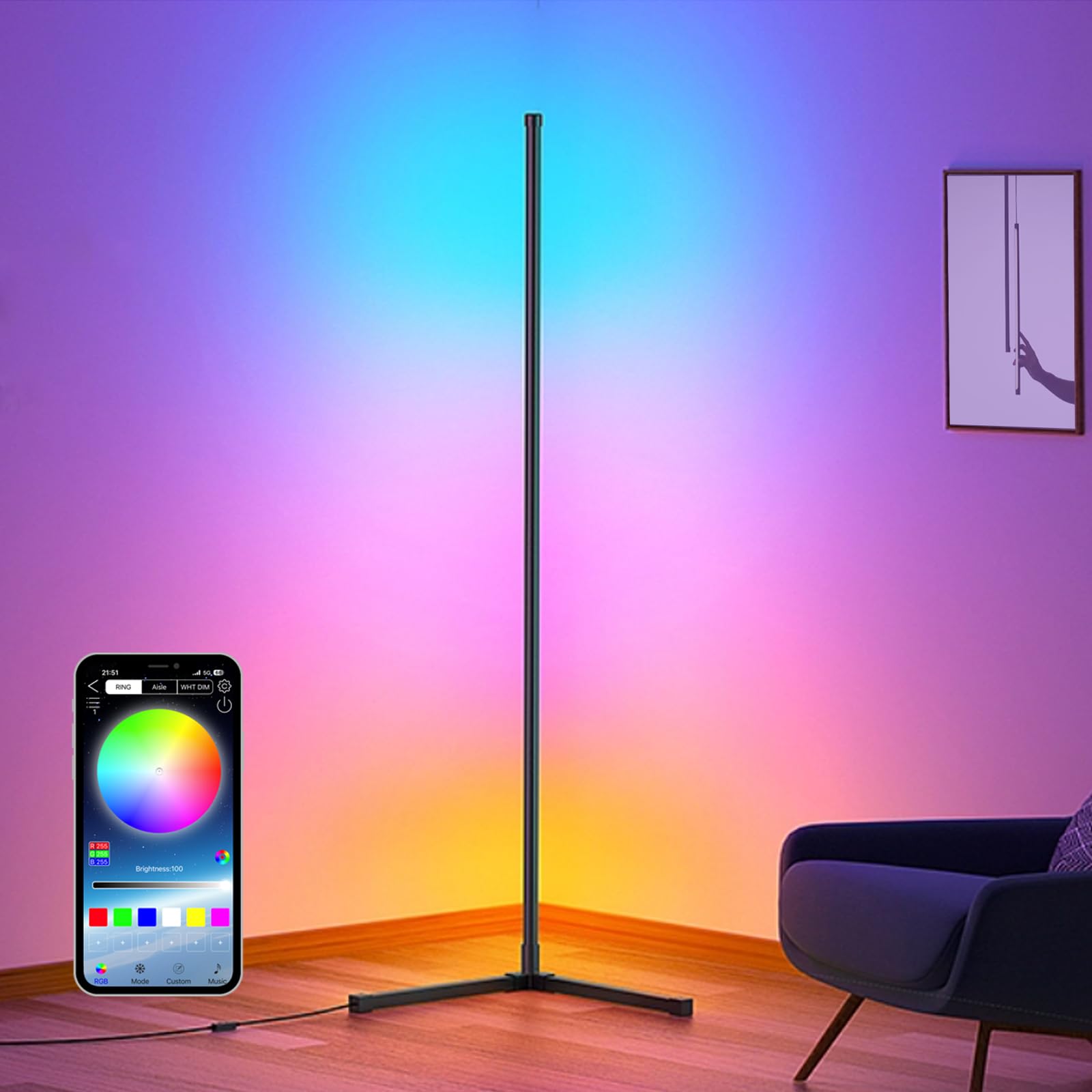 RGB 変色 フロアランプ 調光可能 高さ153cm LED コーナーライト 間接照明 調辉度/調速可能 日本語取扱書 フロアスタンド・ランプ 寝室/リビング/遊戯室など適応 アルミニウム