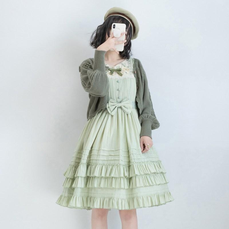 ロリータ ジャンパースカート 春夏 新作 森ガール クラッシック ドレス ワンピース ヘッドドレス付 ４色展開