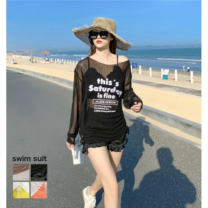 水着 レディース 高校生 中学生 シースルー カーディガン ラッシュガード 3点セット 10代 20代 スポーティー タンキニ 黒 オレンジ ブラウン マスタード 体型カバー 海水浴 プール フリ