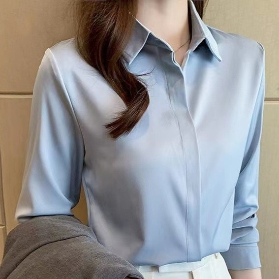 フライフロントシャツ レディース フライフロント サテンブラウス 黒 エレガント 韓国 レディース オルチャン 大きいサイズ 2XL 3XL 長袖 襟付き かわいい 大人可愛い フォーマル