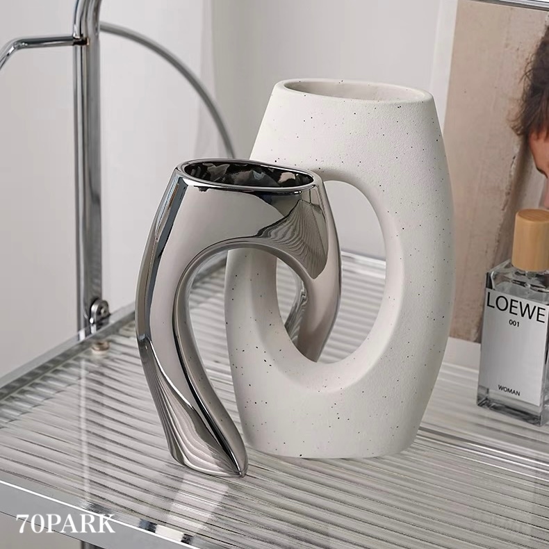 2点セット ホワイト シルバー セラミック フラワーベース 花瓶 収納 おしゃれ 韓国インテリア 韓国雑貨 韓国っぽ インテリア雑貨 韓国