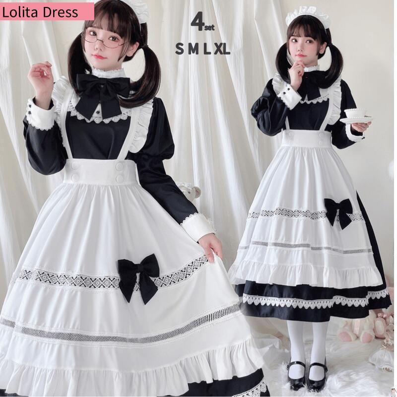 メイド 服 コスプレ 衣装 仮装 女装 フリル ロリータ カチューシャ 付き ロリータワンピース アニメ かわいい コスチューム コスプレ衣装 大人用 ワンピース 仮装パーティー ロリータ 長袖
