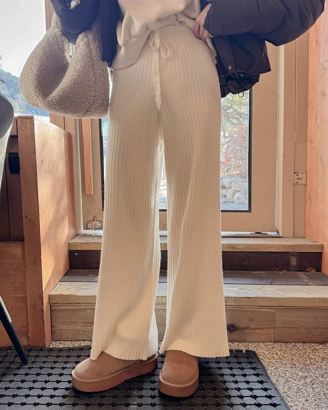 ウエストゴムリブ編みワイドパンツ韓国ファッション レディース