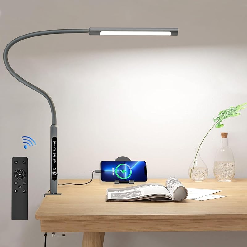 デスクライト led スタンドライト クランプ式 目に優しい 電気スタンド USB充電端子つき 6段階調色調光 タイマー機能 リモコン制御 遠隔操作 360回転 全方向照明 省エネ テーブルライト